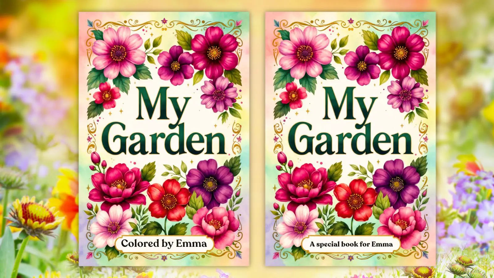 Personalized Coloring Books cover with Colored by Emma text surrounded by whimsical butterflies, flowers, and decorative swirls in an uncolored line art style