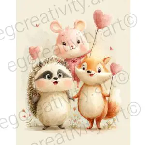 Foldable cute Valentine’s Day card with cartoon animals holding hearts