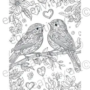 Intricate Valentine's Day coloring page featuring love birds with hearts, detailed petals, and decorative leaves