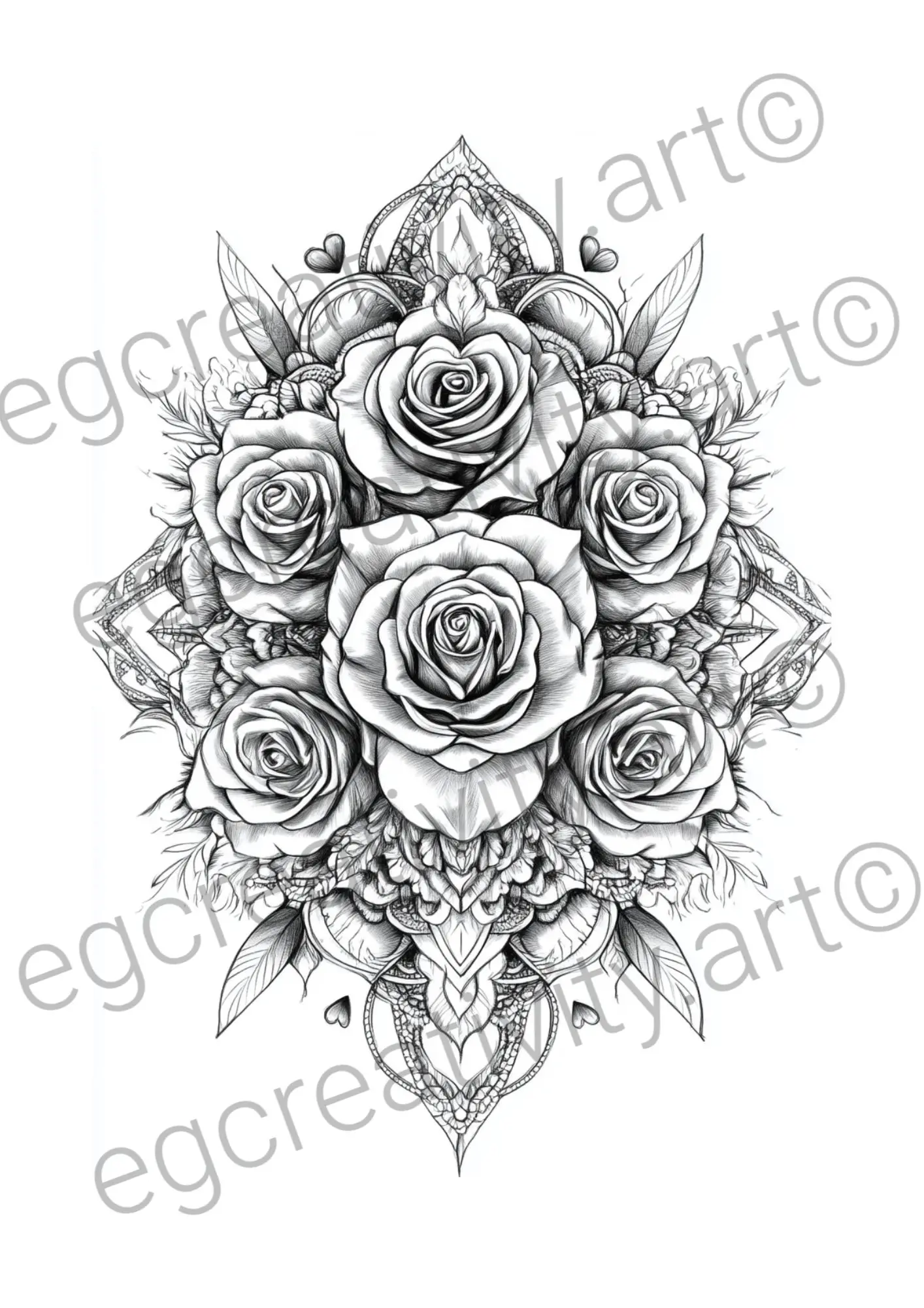 Elegant floral mandala coloring page from Pictures to Color Valentines Day collection showing intricate rose blooms with hearts and leaves - one of 40 romantic designs