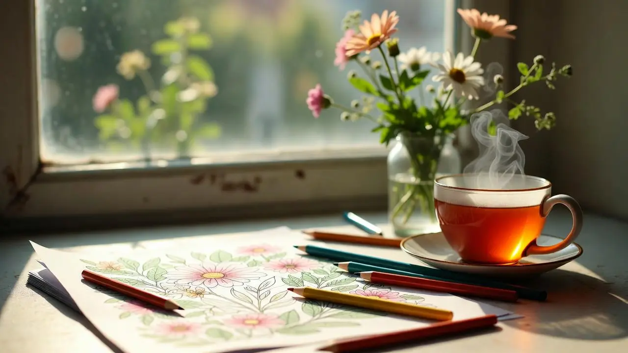Cozy coloring station with coloring books, pencils in a cup, warm beverage, and soft lighting. printable floral coloring pages for adults