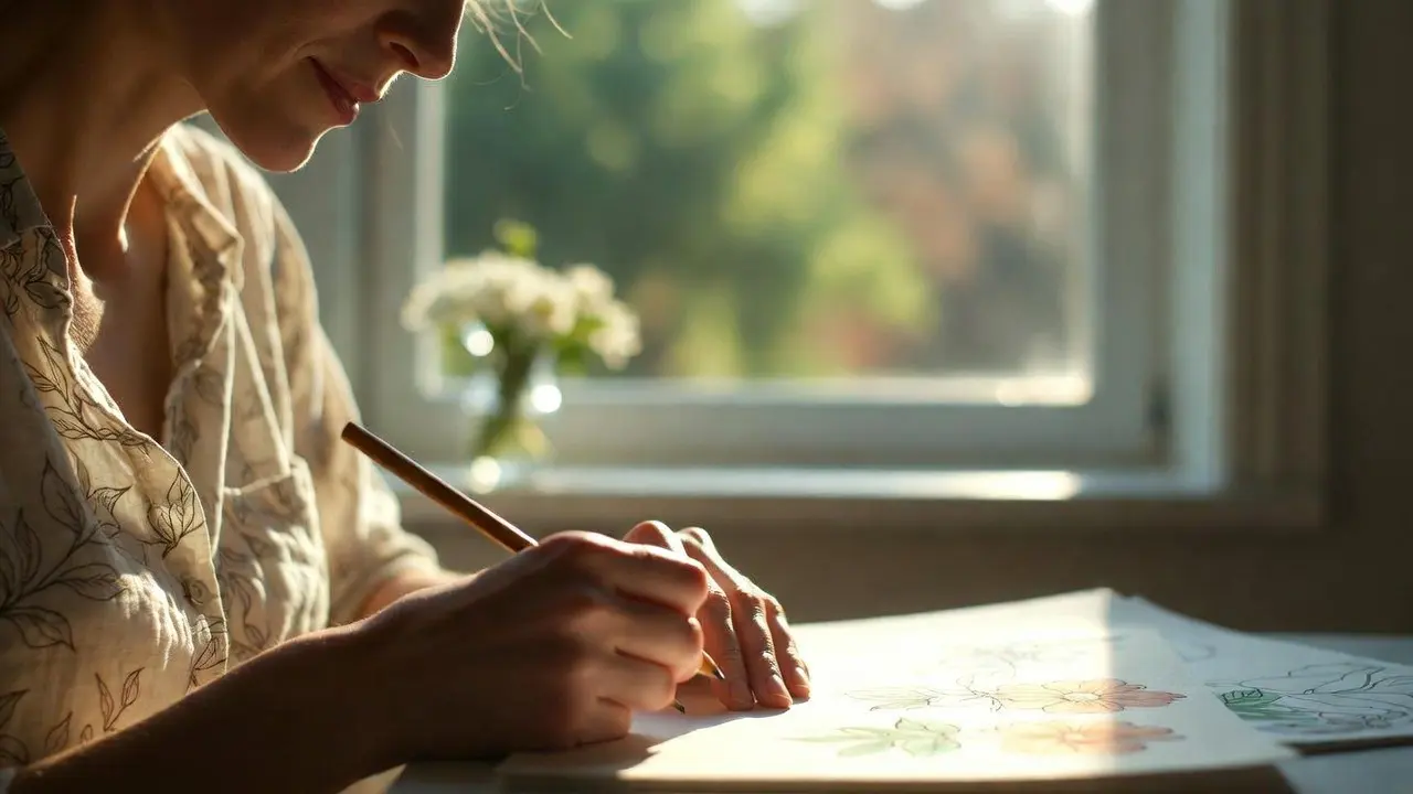 Person coloring a mandala design with colored pencils, soft natural lighting, peaceful expression. Adult coloring books stress relief