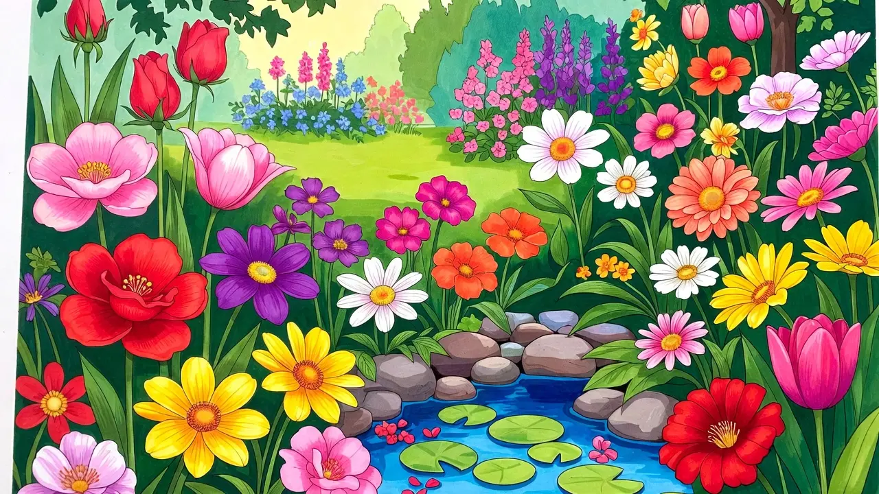 adult spring coloring pages. Finished example of best adult coloring pages spring collection featuring a detailed garden scene