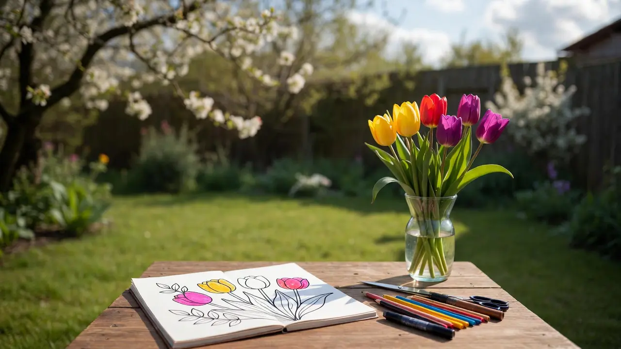 adult spring coloring pages - printable spring coloring books for adults - therapeutic spring coloring activities. Outdoor spring coloring setup with coloring book, supplies, and fresh tulips on garden table