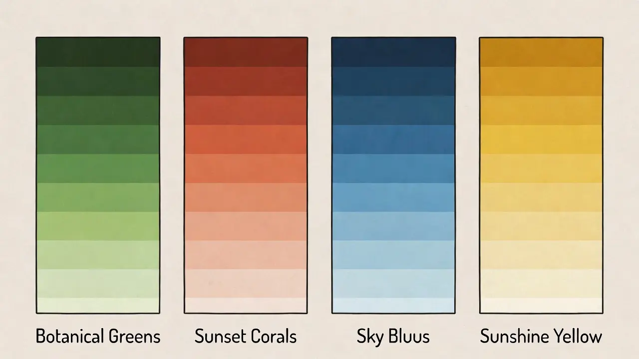 spring coloring trends 2026 - Spring 2026 color palette swatches showing botanical greens, sunset coral, sky blue, and sunshine yellow combinations for adult coloring books