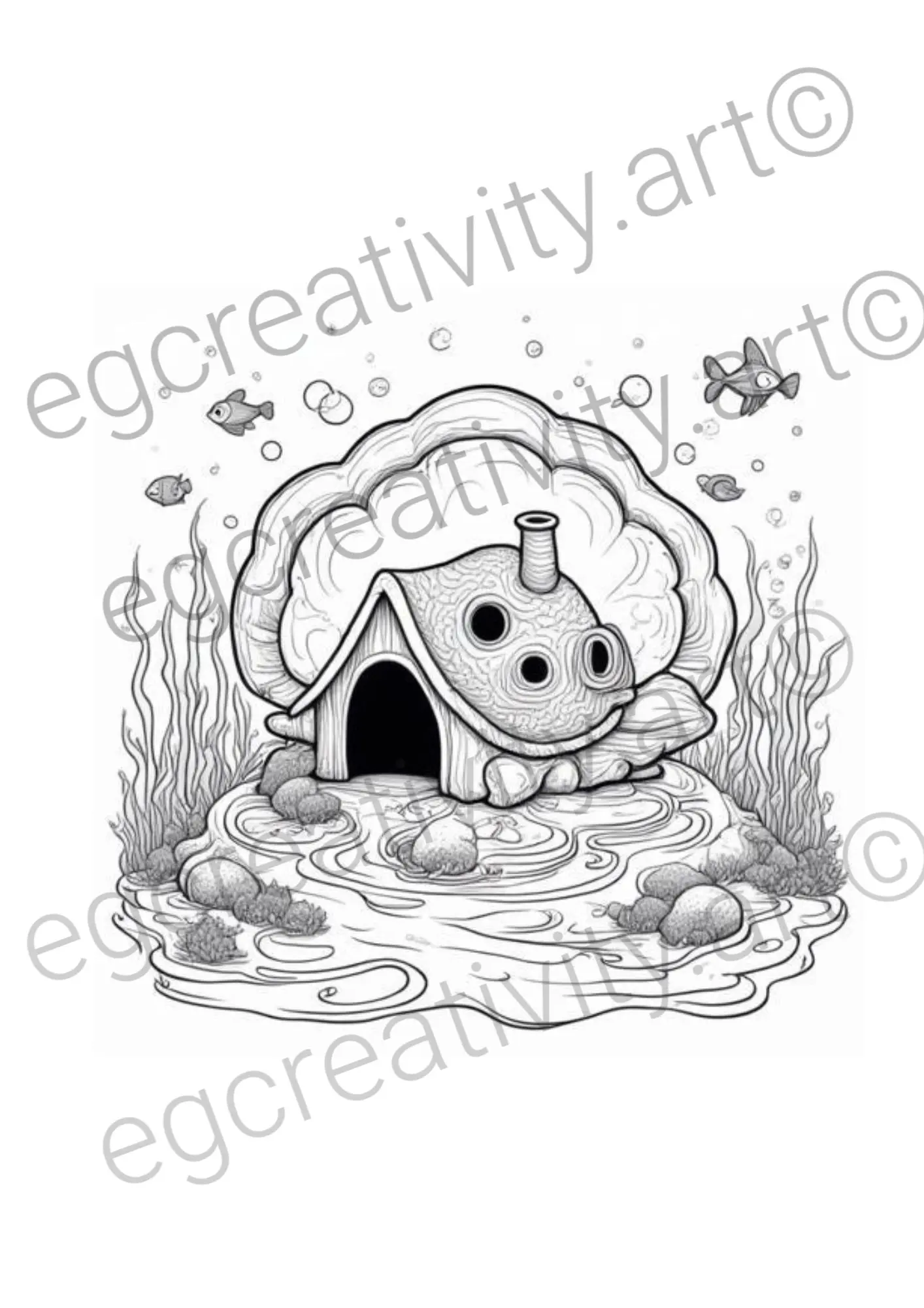 Black and white coloring page illustration of a cute cartoon cottade with a smiling face underwater, surrounded by seaweed, rocks, small fish, and bubbles in an ocean scene