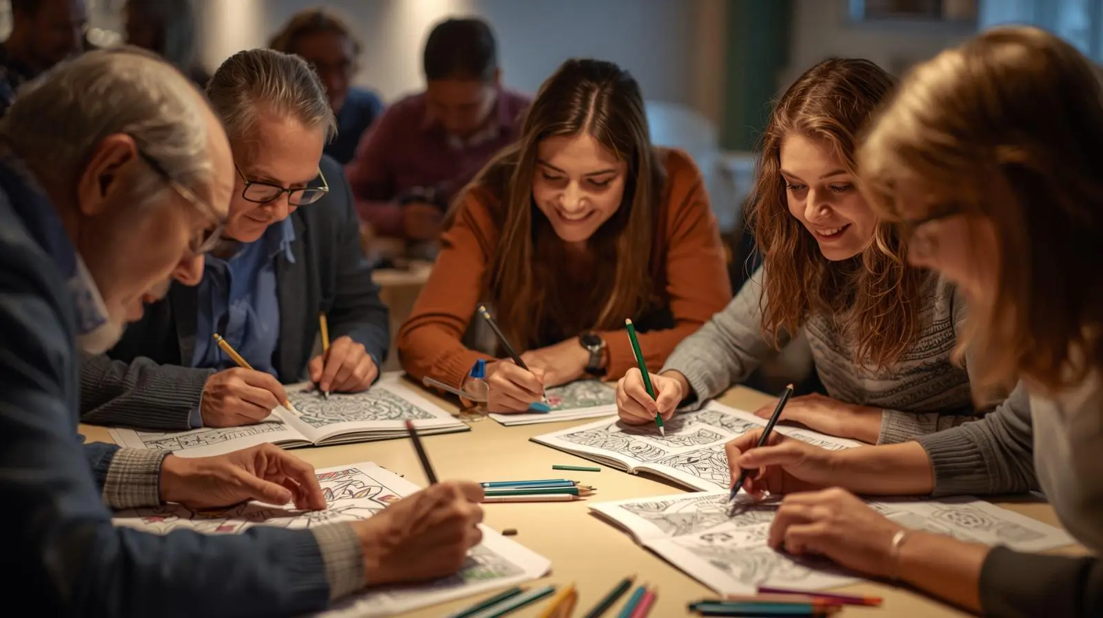Diverse group of adults enjoying coloring together, showing social benefits, stress relief, and community connection through therapeutic creative activity. creative therapy