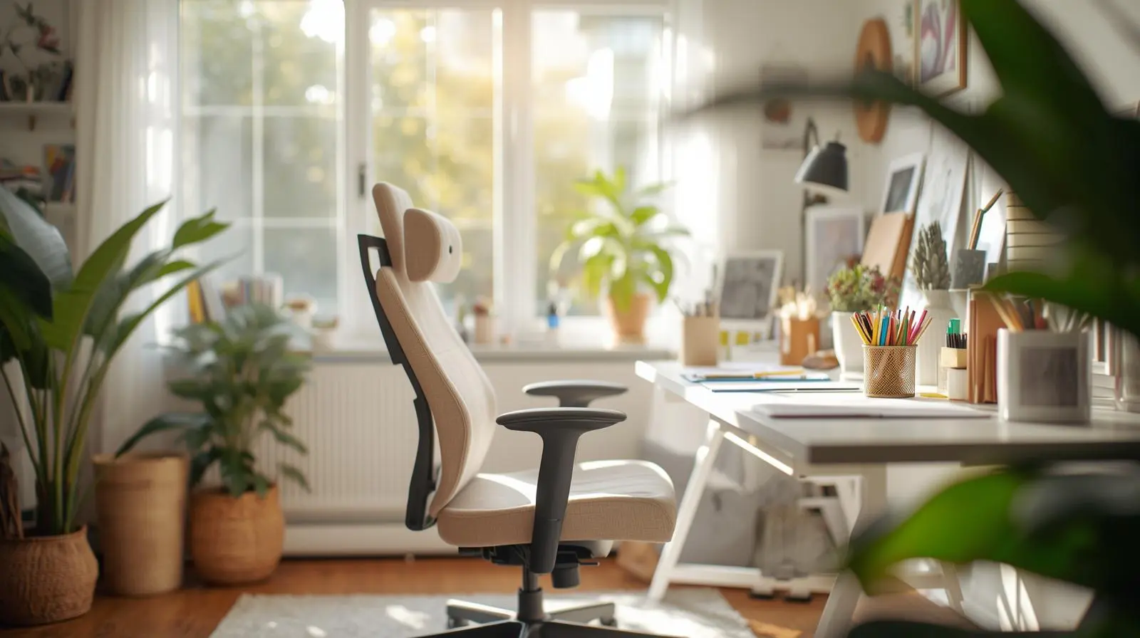 Ergonomic home coloring workspace with proper lighting, comfortable chair, organized supplies, and peaceful atmosphere for mindful adult coloring practice. therapeutic coloring