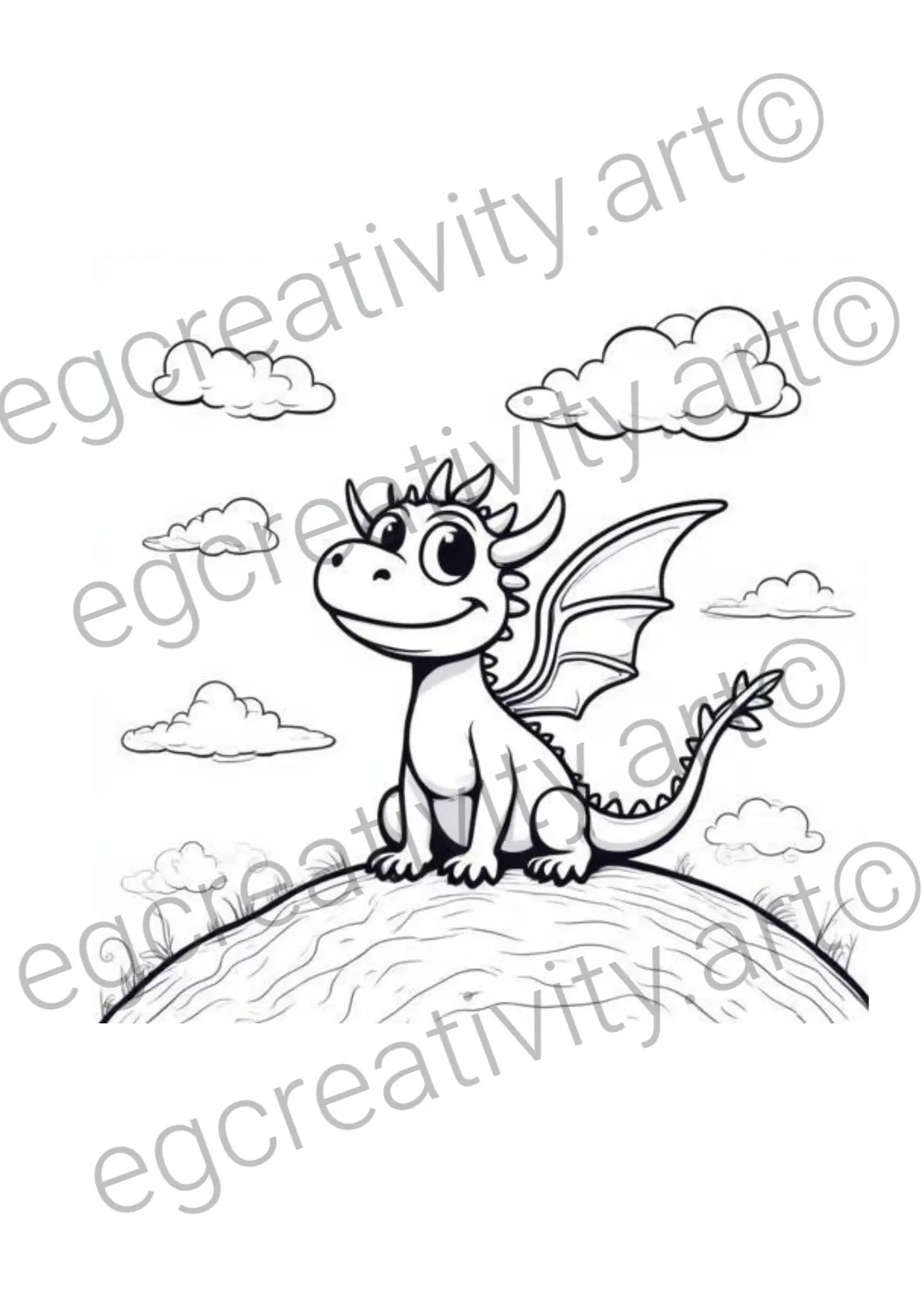 Cute fantasy dragon flying over a magical castle, whimsical coloring page for kids