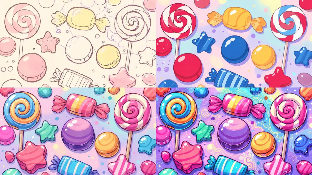 Step-by-step Gummy Dreamland coloring showing large areas first