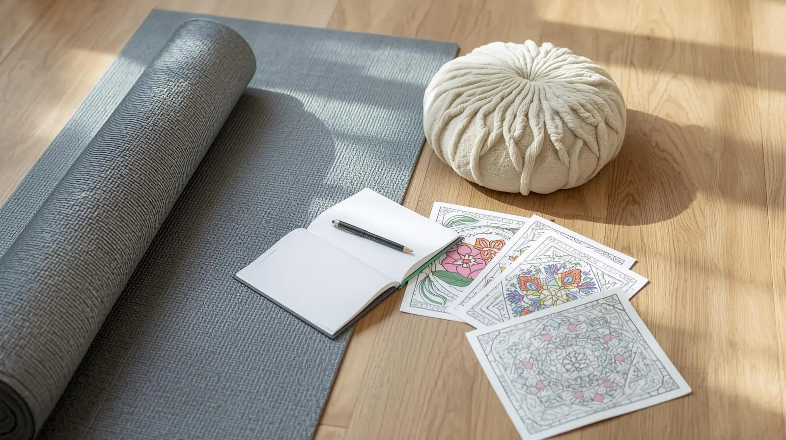 Wellness routine showing yoga mat, meditation cushion, journal, and adult coloring books integrated into a comprehensive self-care practice for mental health. mandala coloring