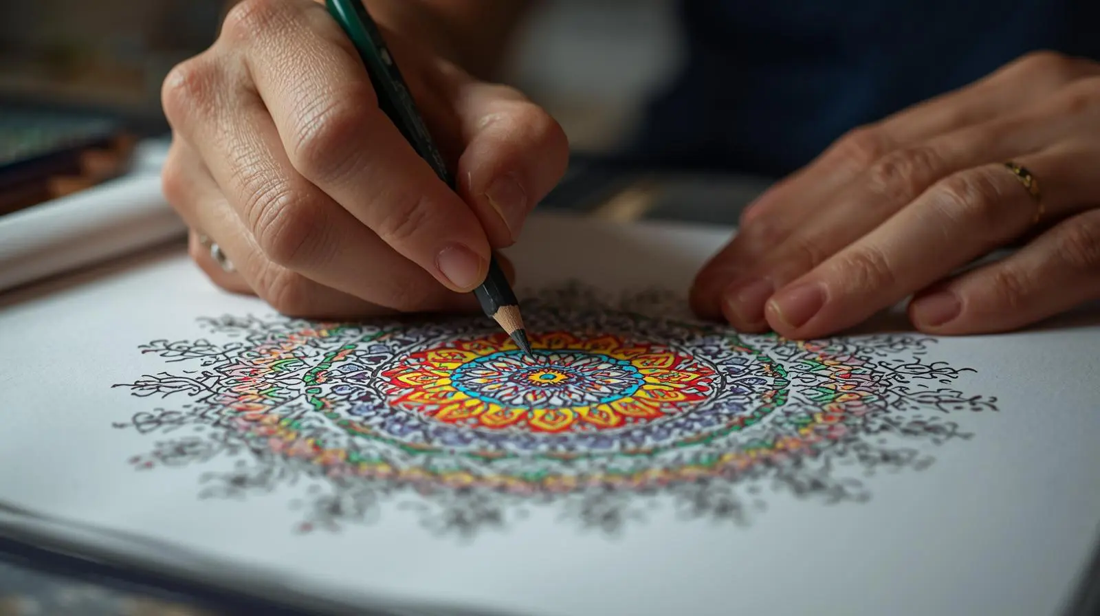 Close-up hands mindfully coloring detailed mandala design with premium colored pencils, showing focused attention and present-moment awareness for stress relief and meditation. adult coloring books 