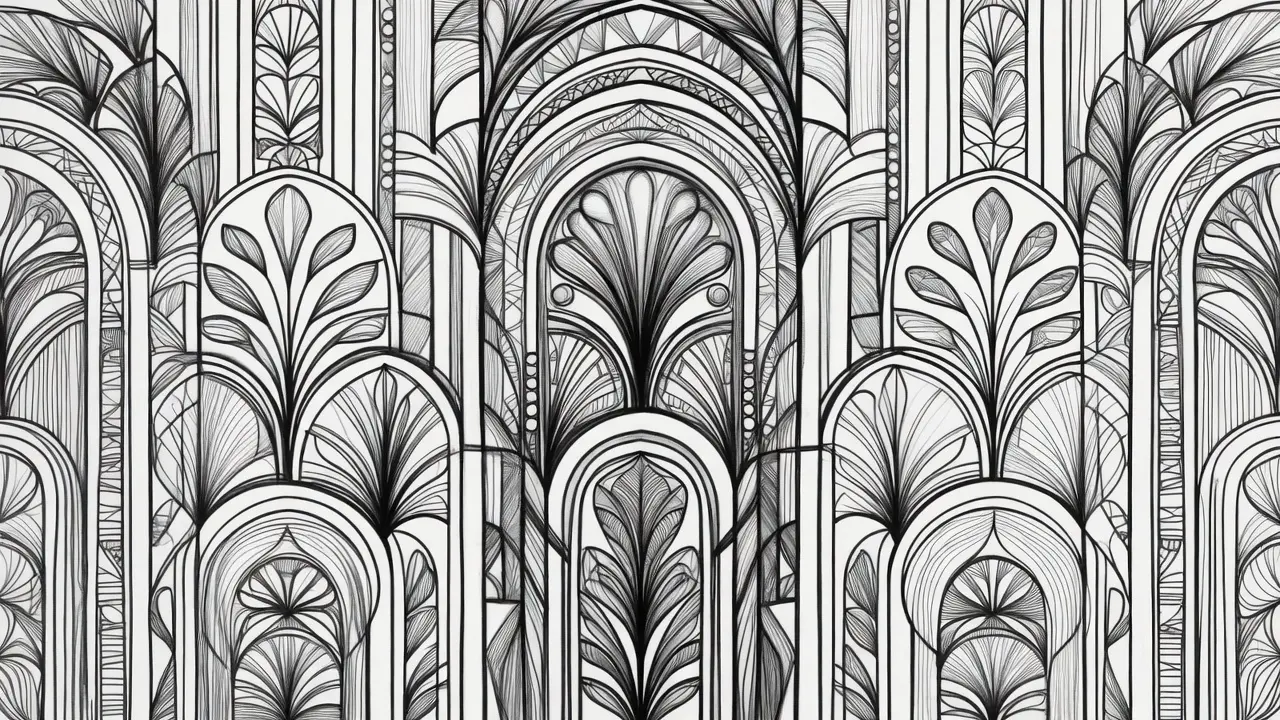 A black-and-white Neo Deco coloring page featuring symmetrical geometric arches, stylized floral elements, and layered decorative lines.