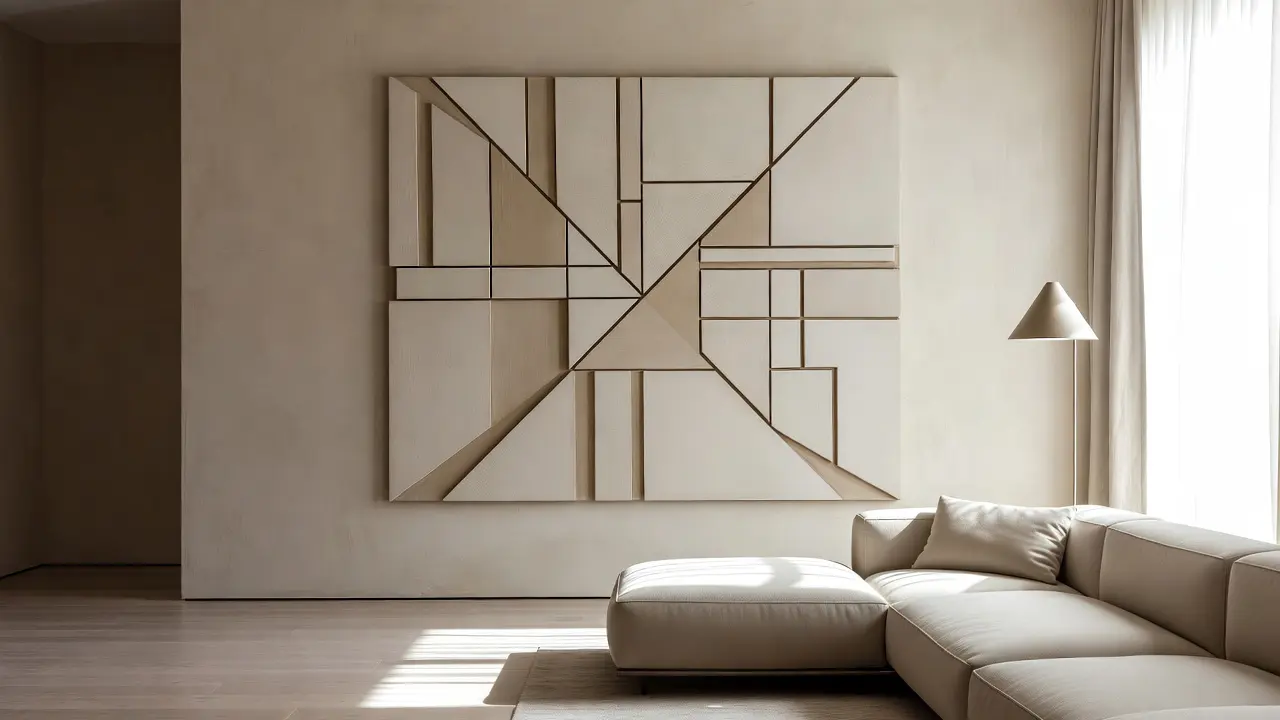 Modern living room featuring neo decor art style with geometric wall art and minimalist furniture