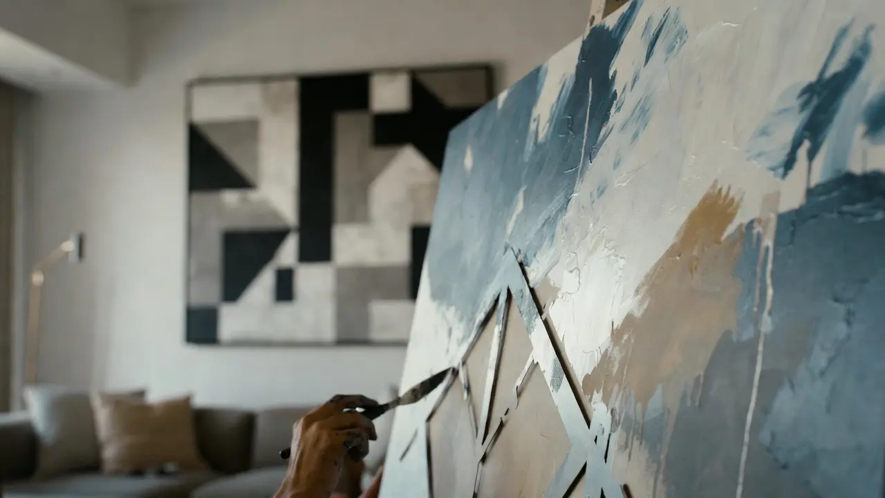 Neo decor art technique demonstration showing layered geometric patterns and color blocking.