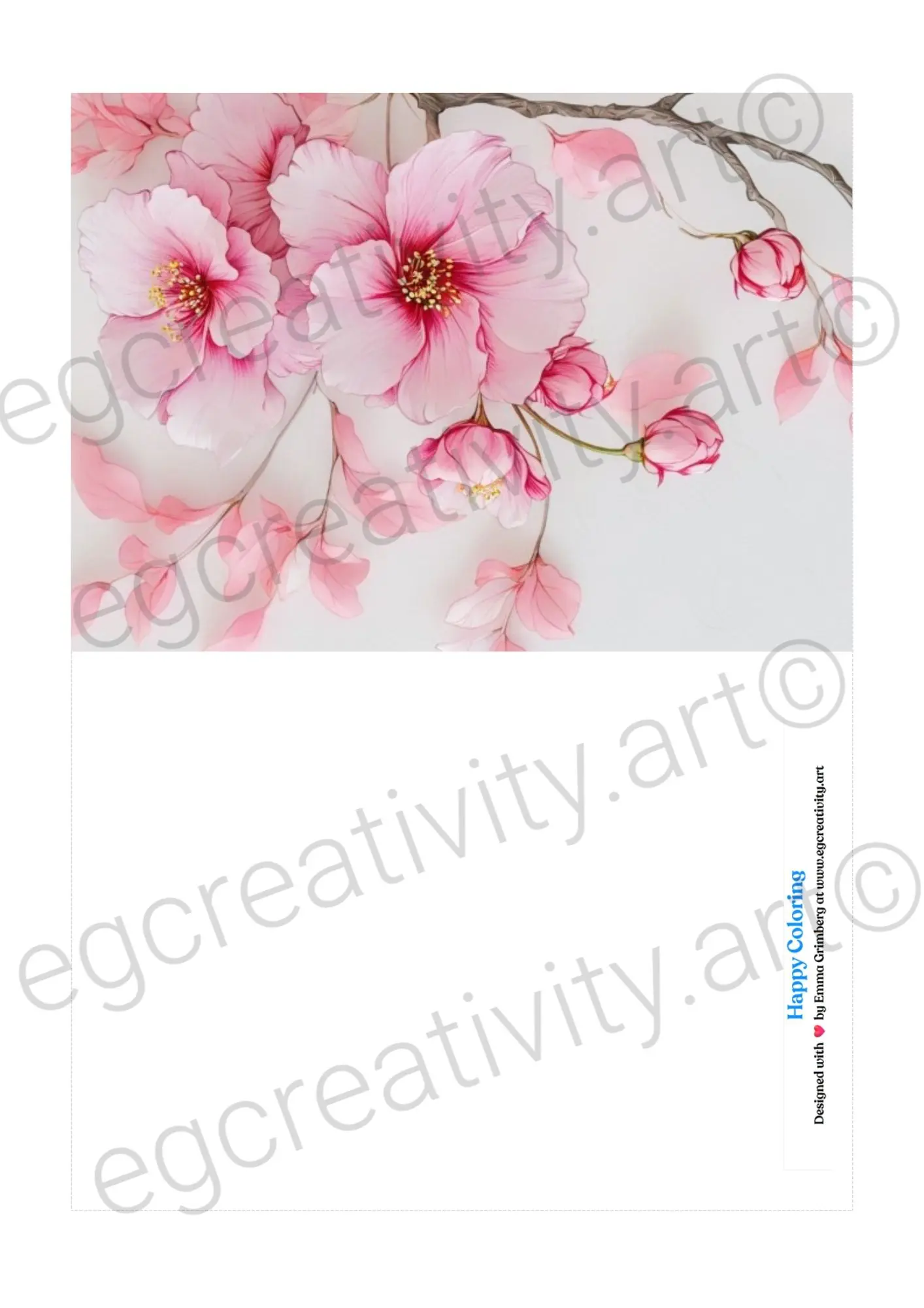 Printable spring cards set displaying both coloring version and finished colored greeting card templates