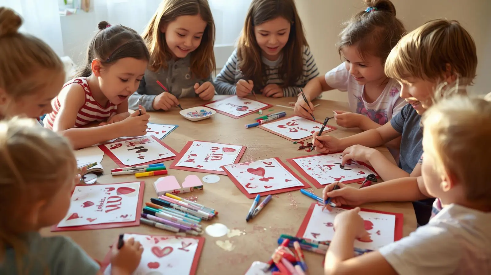 Kids decorating printable Valentine’s Day cards with markers and stickers - Valentine card decorating ideas