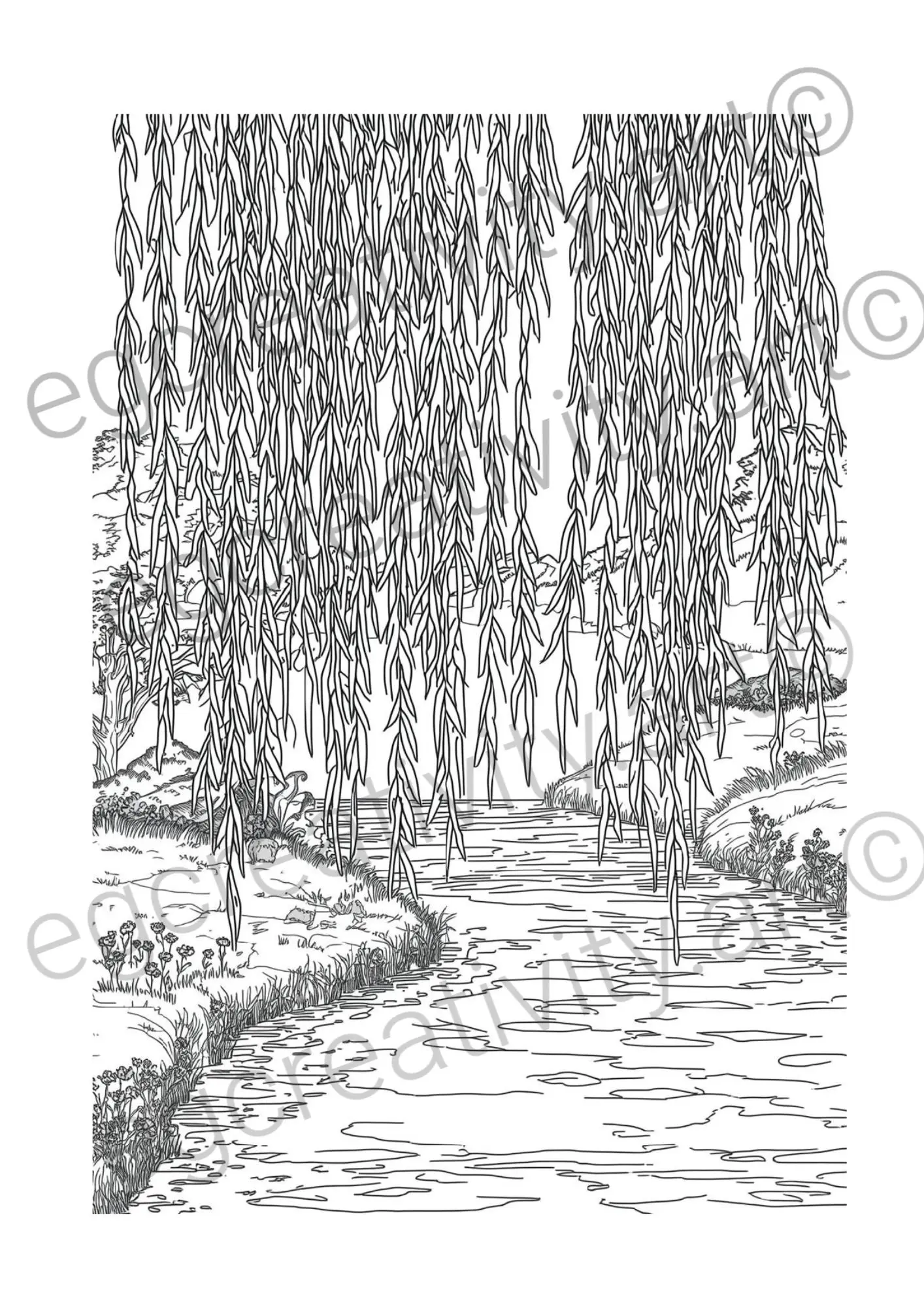 Whispering willow by a stream in nature themed coloring pages, featuring stress relief floral designs and relaxing landscapes for peaceful meadows adult coloring.
