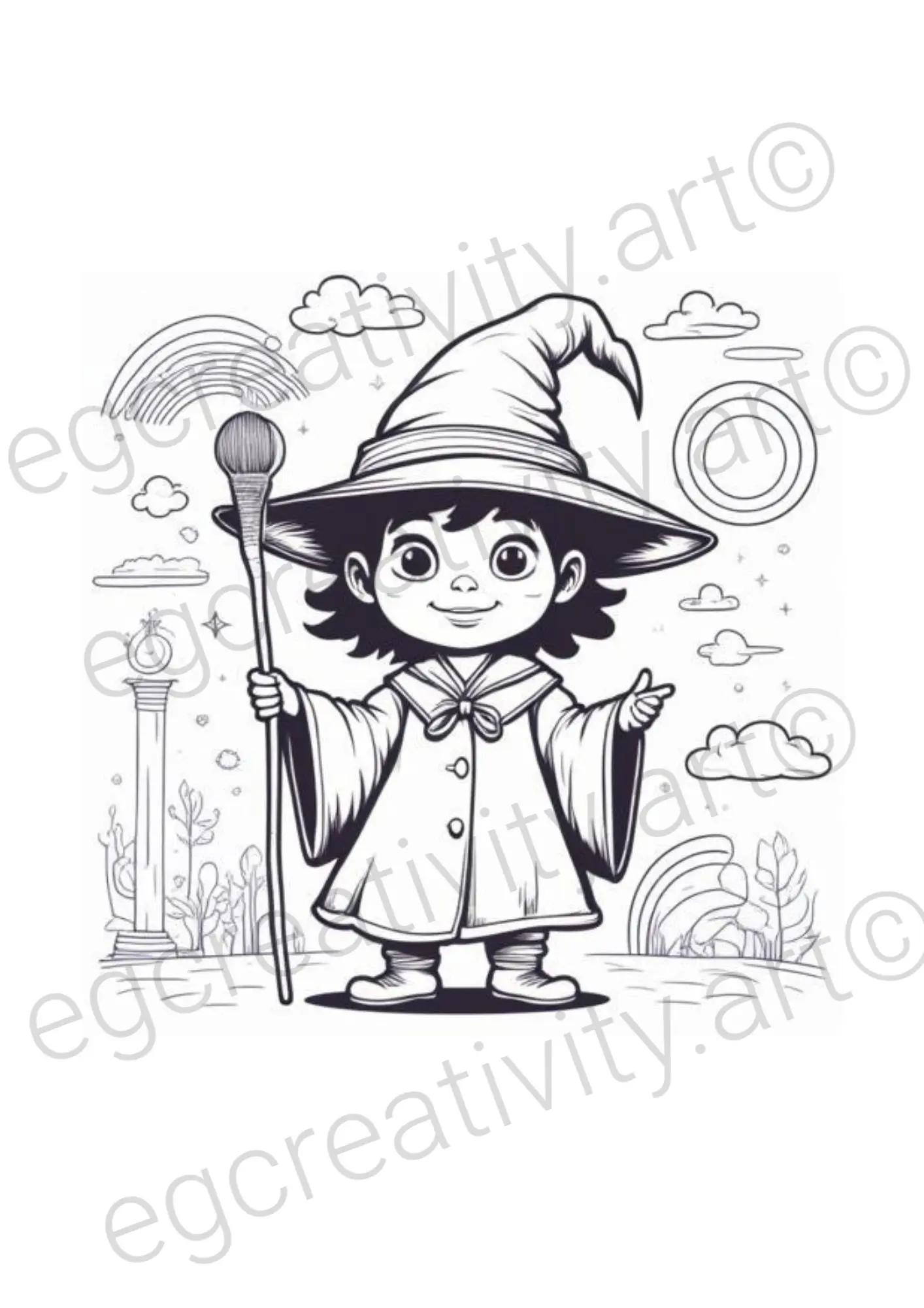 Black and white coloring page illustration of a cheerful young witch character wearing a pointed hat and robe, holding a broomstick, with magical elements like a rainbow, clouds, stars, and plants in the background