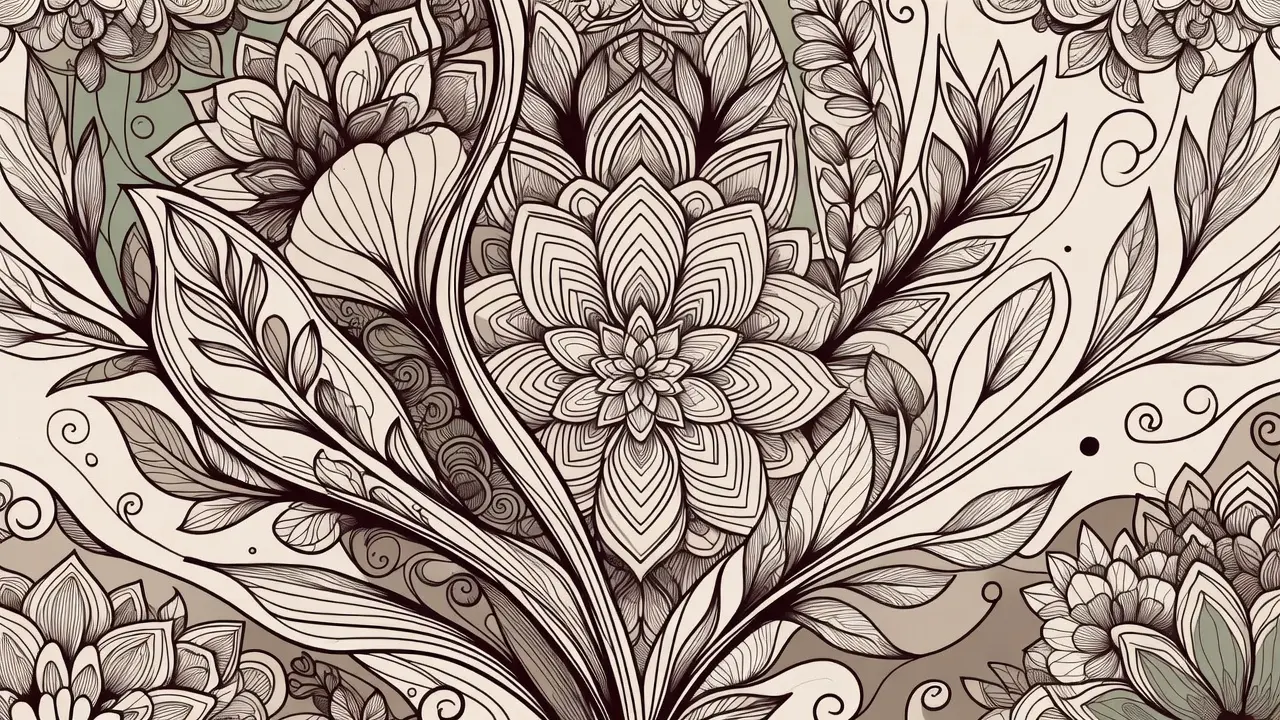 Elegant adult coloring book cover design, calming and artistic style