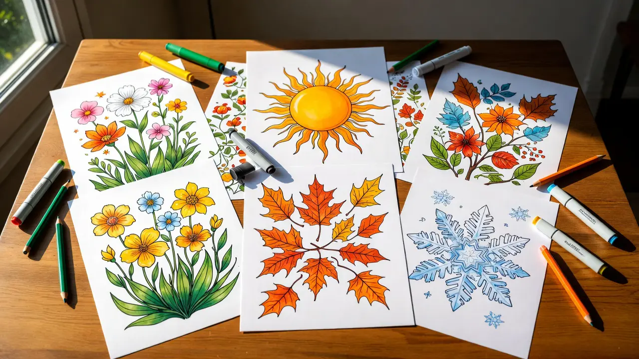 A beautifully arranged collection of seasonal coloring pages spread across a wooden table, featuring spring flowers, summer sun motifs, autumn leaves, and winter snowflakes, surrounded by colored pencils and markers in seasonal hues. Holiday coloring pages