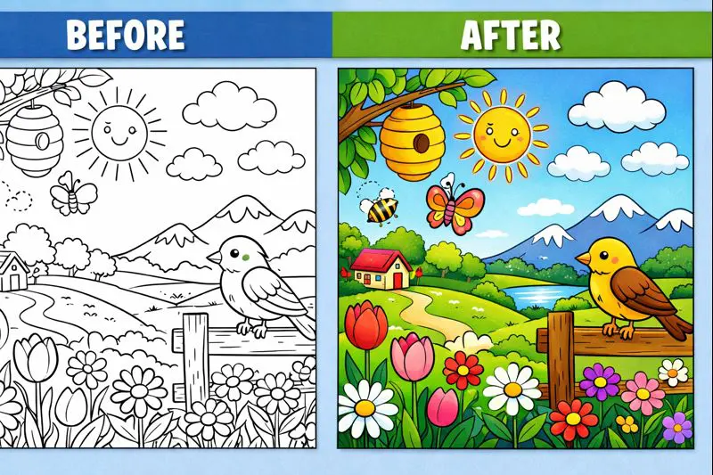Printable spring coloring sheet transformation showing blank and completed versions