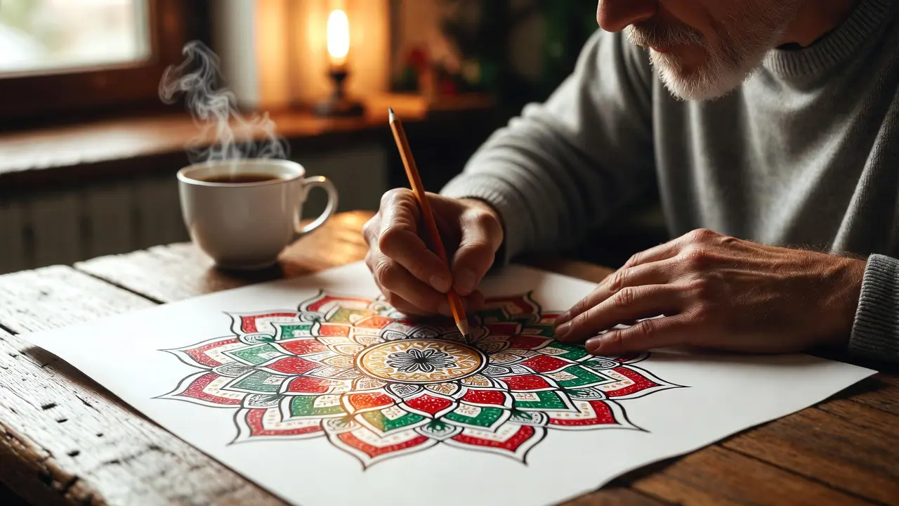 A calm, focused adult coloring a detailed holiday mandala at a cozy table with a warm cup of tea, exemplifying the mindfulness aspect of seasonal coloring. Seasonal coloring pages