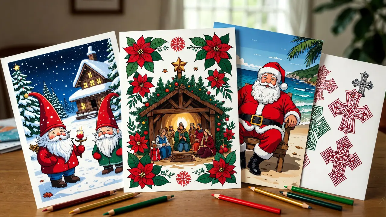Cultural Christmas coloring pages featuring Scandinavian tomten, Mexican nativity scenes, Australian summer traditions, and Ethiopian Orthodox symbols