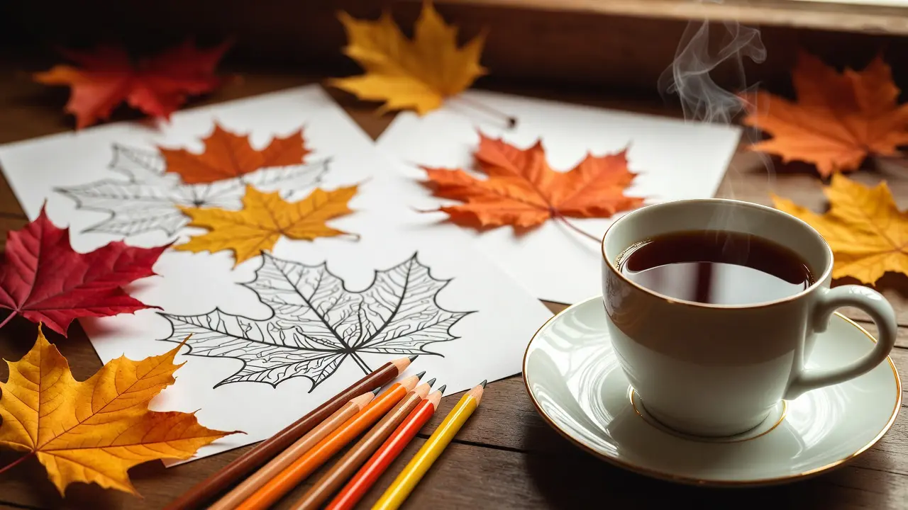 A cozy autumn scene with colored pencils, hot tea, and beautifully colored fall-themed pages spread across a wooden table with scattered leaves - autumn coloring setup creating cozy atmosphere for fall art prompts. Autumn coloring pages for adults