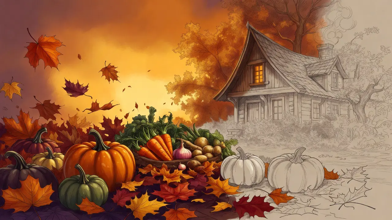 A cozy autumn scene with pumpkins, fallen leaves, harvest vegetables, and a warm cottage in the background, partially colored in rich oranges, deep reds, and golden yellows. Holidays around the world coloring