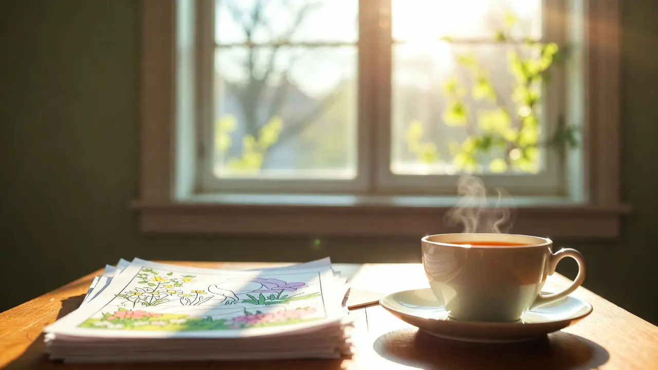 Relaxing spring coloring station with natural light and peaceful atmosphere. Mindful spring coloring pages