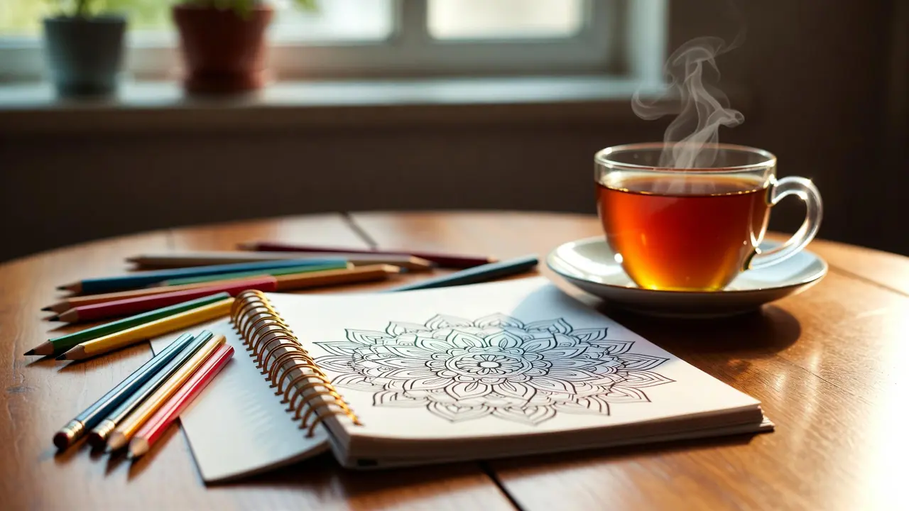 A cozy setup with a mandala coloring book, colored pencils, and a cup of tea on a wooden table. Mandala anxiety relief