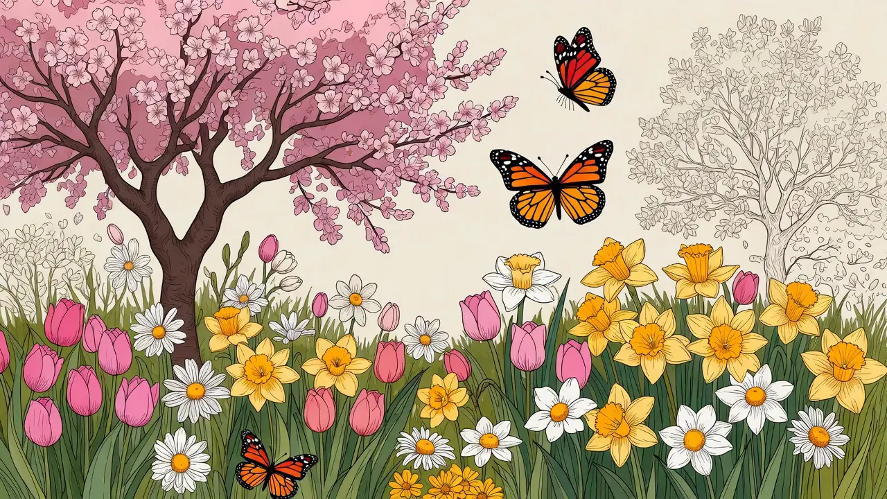 A detailed spring garden scene coloring page featuring cherry blossoms, tulips, daffodils, and butterflies, with some sections already colored in soft pastel hues. Holiday coloring traditions