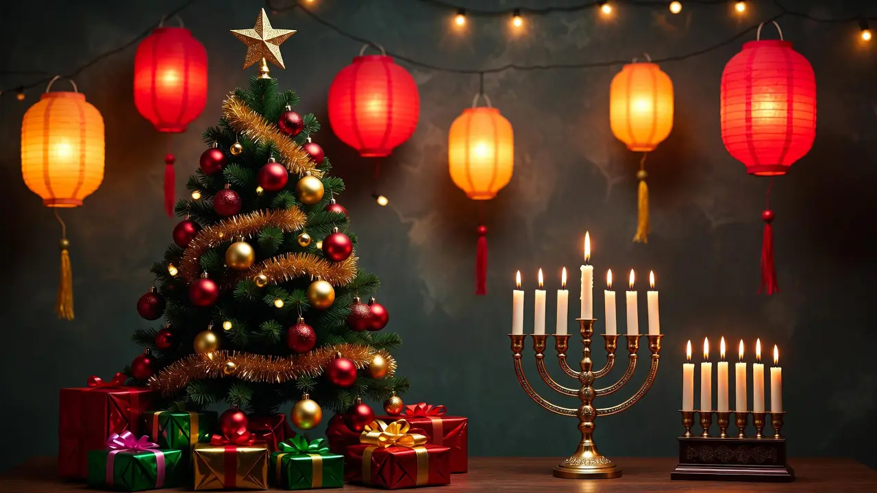 A detailed winter holiday scene featuring a beautifully decorated Christmas tree, menorah, kinara, and paper lanterns all arranged harmoniously, symbolizing diverse winter celebrations, with warm candlelight effects