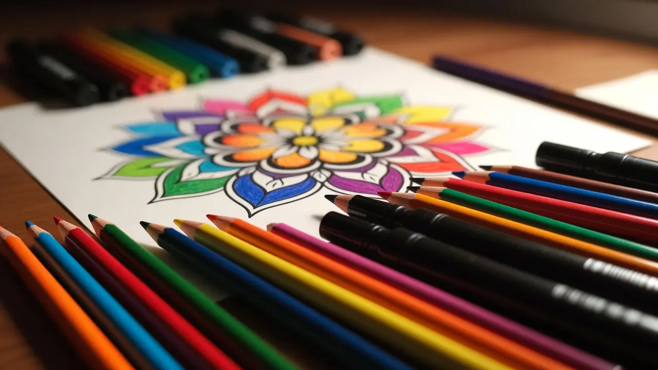 A flat lay or overhead shot of colorful pencils, markers, and a partially colored mandala or floral page — warm, inviting, creative desk atmosphere. This is your strongest visual hook. printable PDF coloring pages