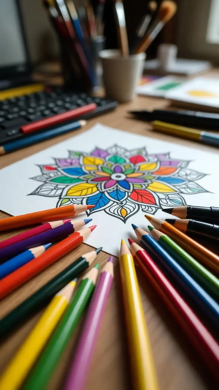 A flat lay or overhead shot of colorful pencils, markers, and a partially colored mandala or floral page — warm, inviting, creative desk atmosphere. This is your strongest visual hook.