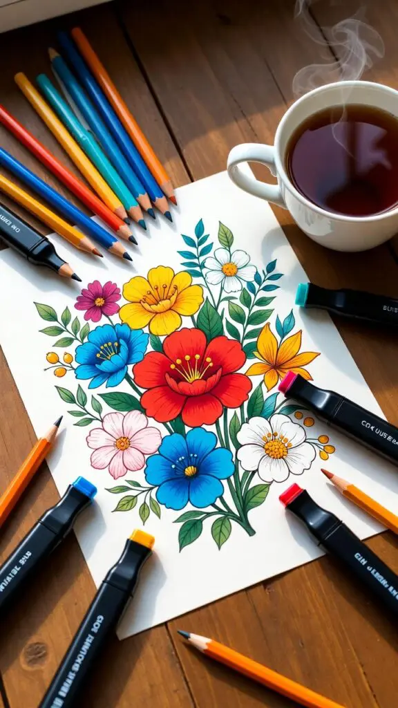 A flat-lay photograph of a colorful coloring workspace featuring colored pencils, markers, and a beautifully half-finished floral coloring page on a wooden desk with a cup of tea nearby