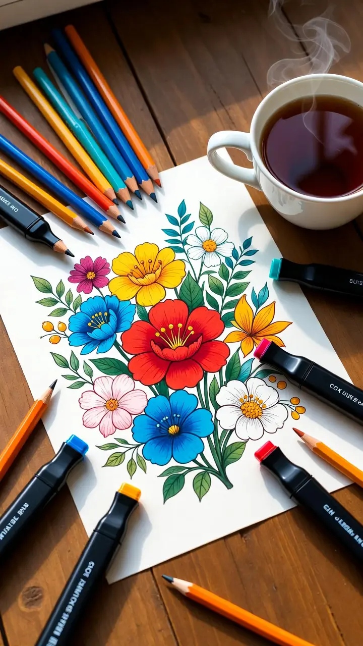 A flat-lay photograph of a colorful coloring workspace featuring colored pencils, markers, and a beautifully half-finished floral coloring page on a wooden desk with a cup of tea nearby