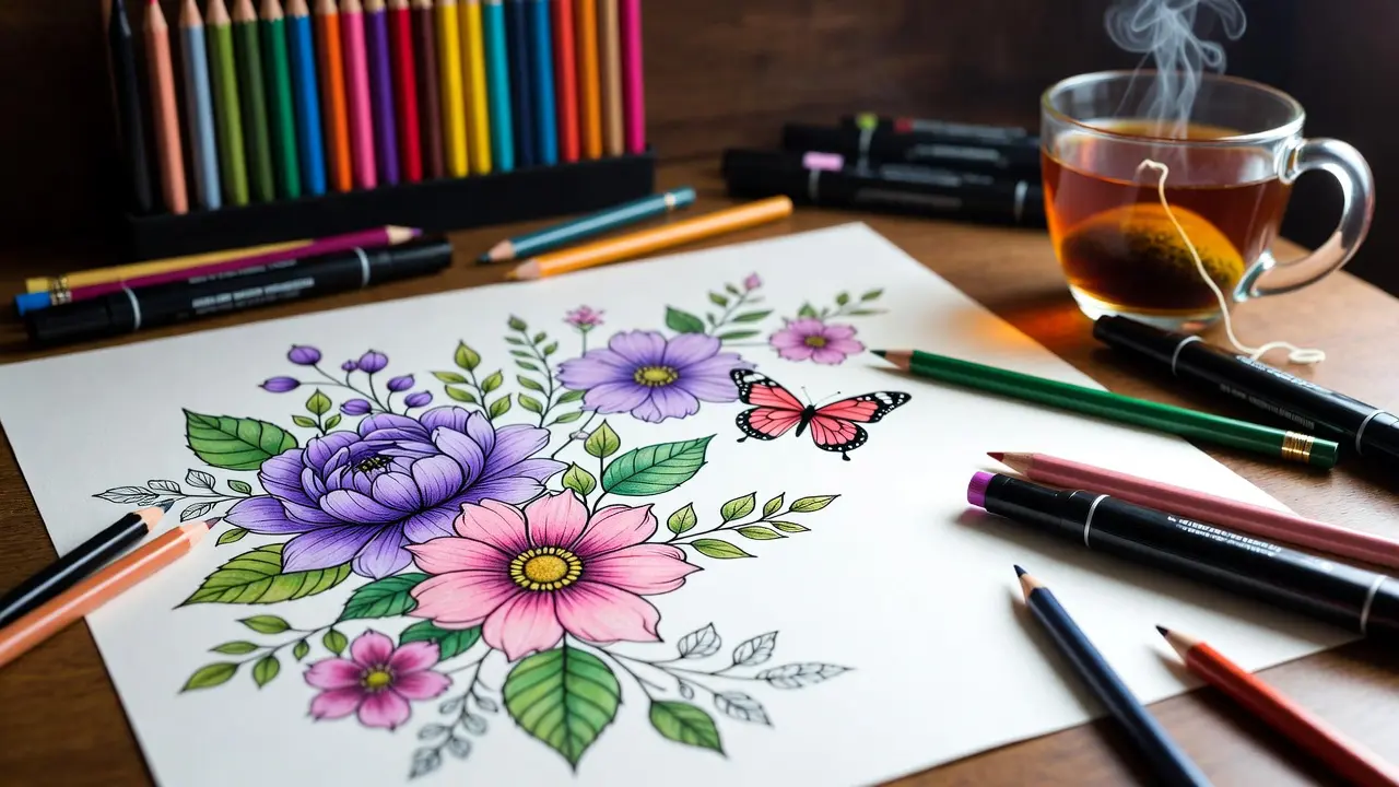 Coloring workspace with colored pencils and markers beside a detailed floral coloring page
