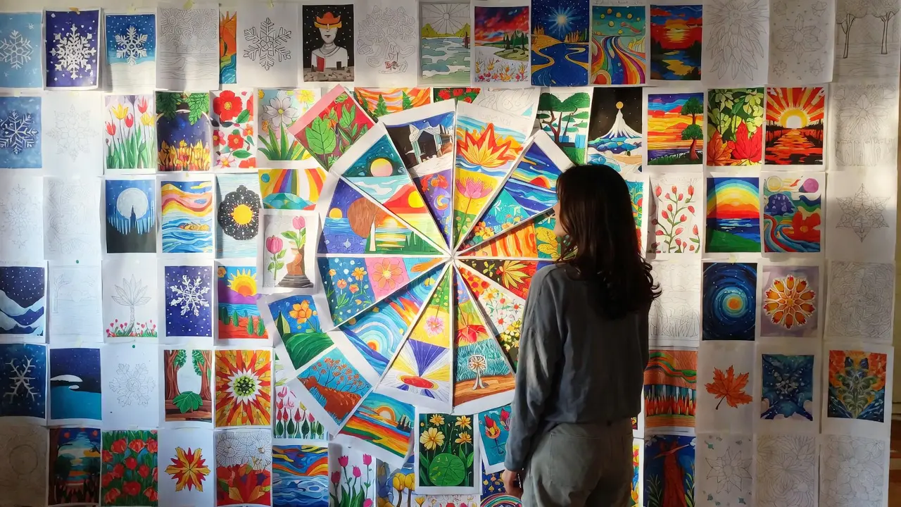 A full year's worth of completed seasonal coloring pages arranged in a beautiful circular mandala pattern on a wall, representing the cycle of seasons and celebrations, with the colorist standing back admiring their year-long creative journey