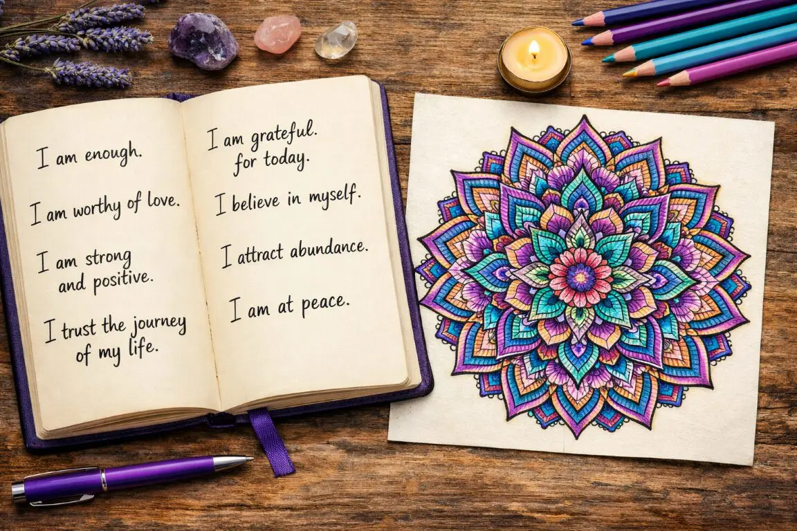 A journal open next to a completed mandala, with handwritten affirmations