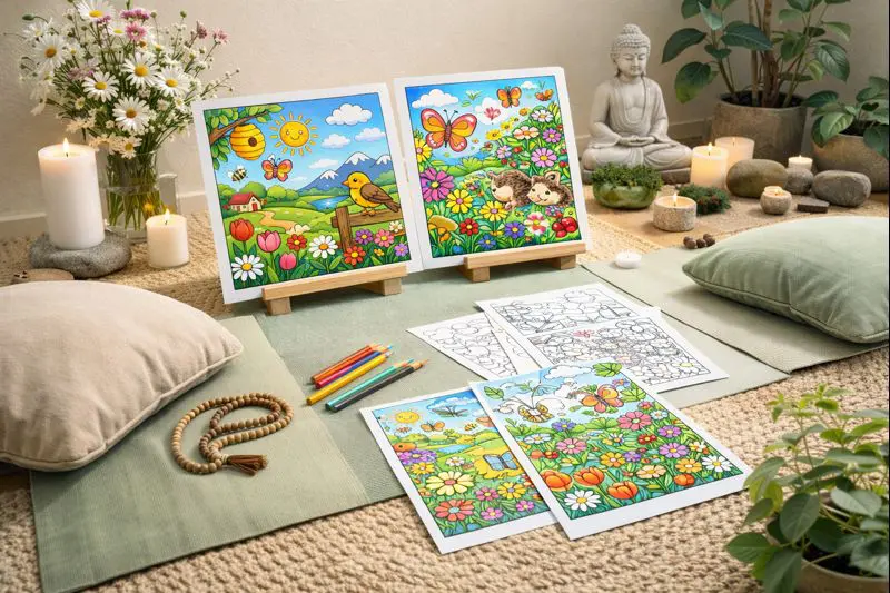 Mindful spring coloring pages arranged in a calming meditation and creativity space