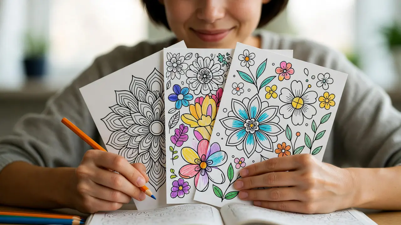 A peaceful person coloring with a content, relaxed expression, surrounded by completed pages