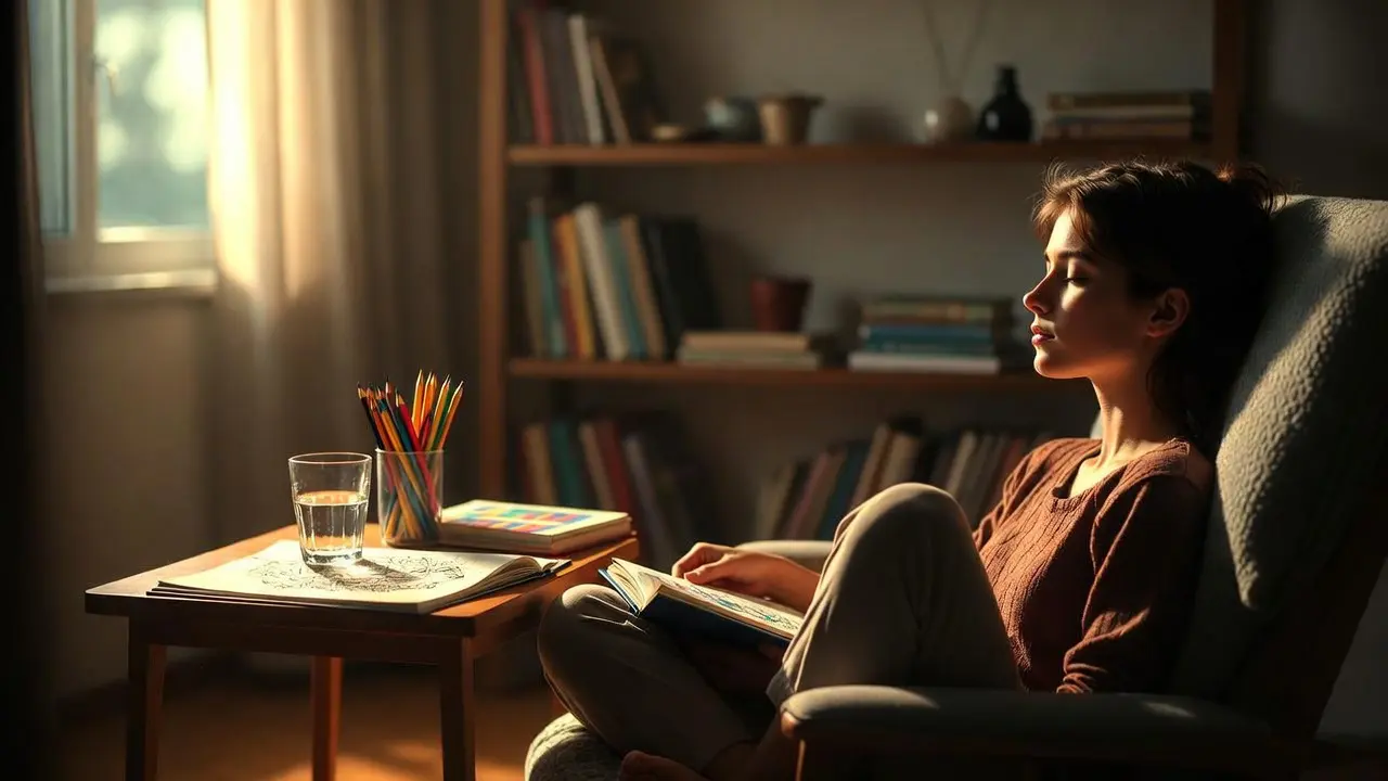 A person sitting peacefully with eyes closed, holding a coloring book, in a moment of intention-setting