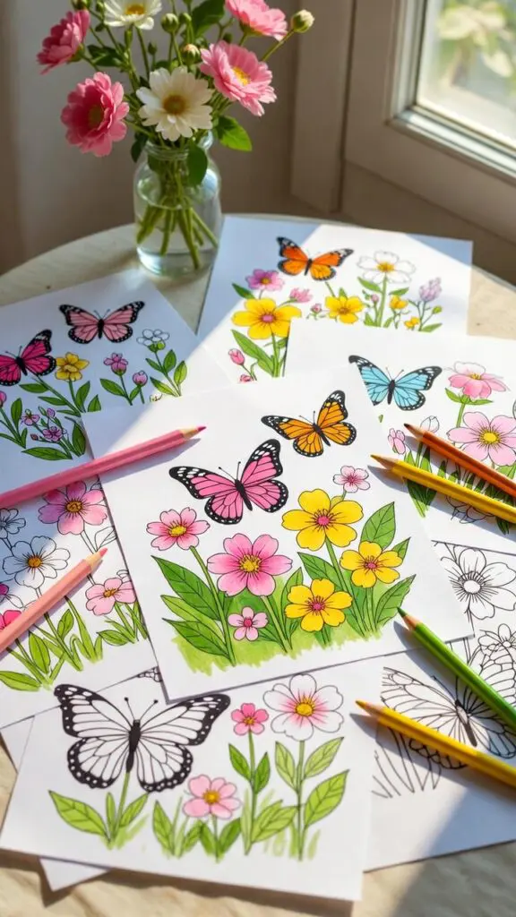 A serene collection of spring-themed coloring pages spread across a sunlit table with colored pencils and fresh flowers](Alt text: Spring coloring pages for adults displayed with art supplies and spring flowers for creative renewal