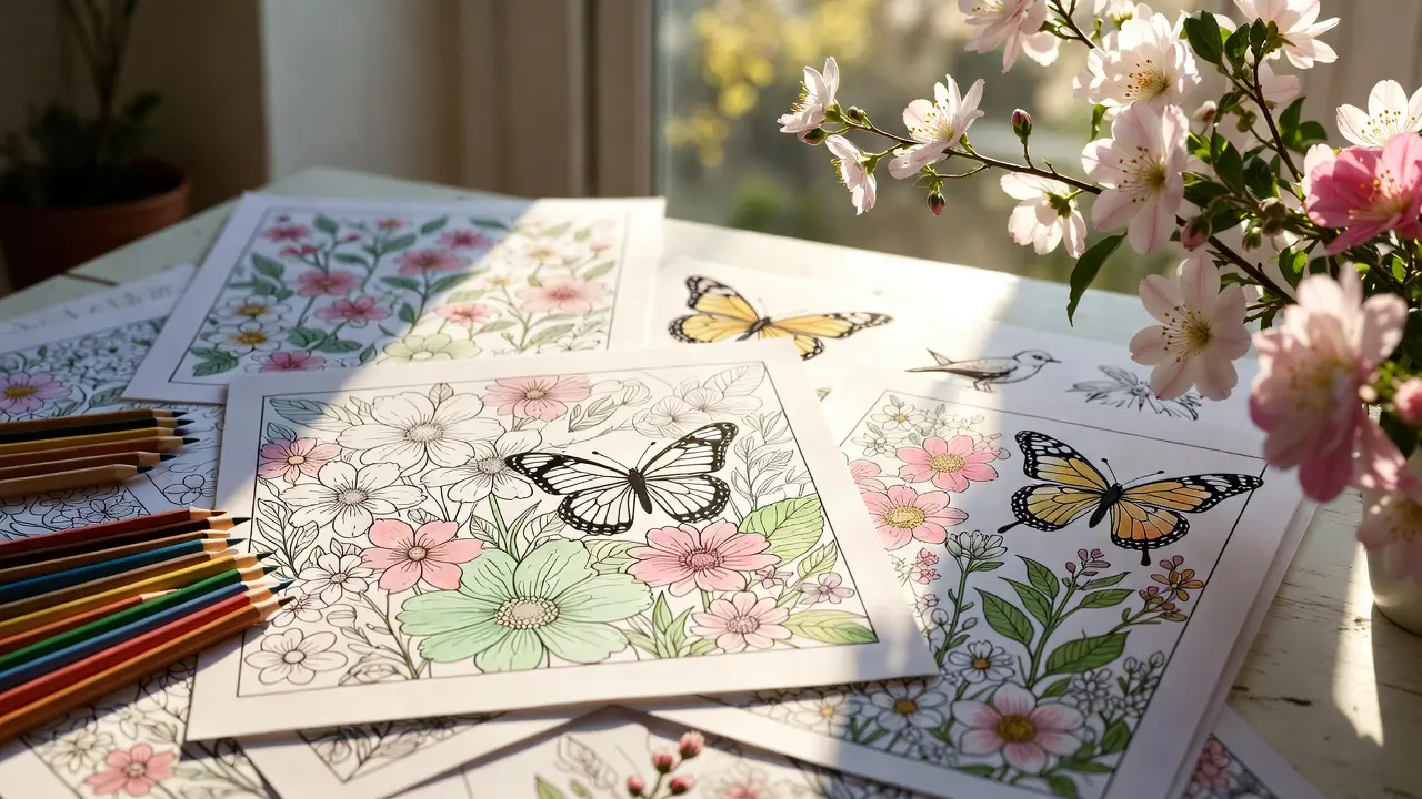 Spring coloring pages for adults displayed with art supplies and spring flowers for creative renewal