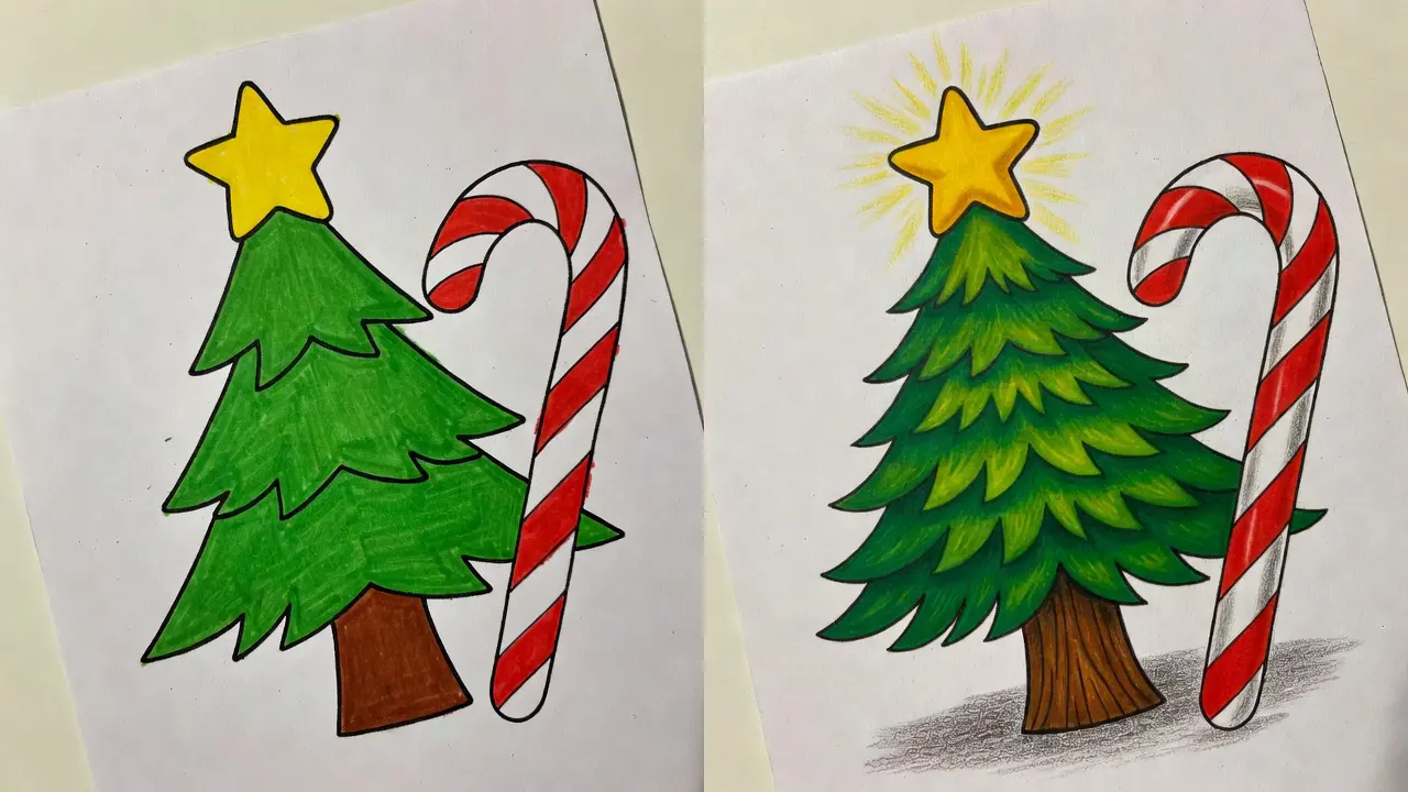 A side-by-side comparison showing the same holiday coloring page: one colored with basic techniques and one with advanced shading, blending, and detail work, demonstrating the difference skill development makes