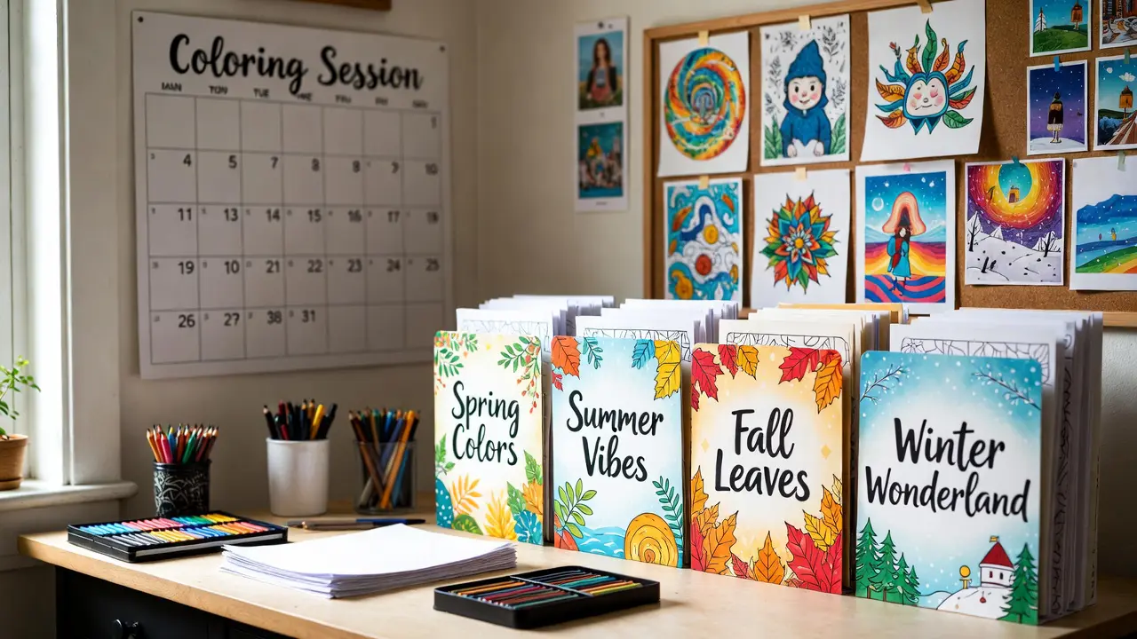 A well-organized coloring station with seasonal pages filed in colorful folders, a calendar marking coloring sessions, and completed artwork displayed on a vision board