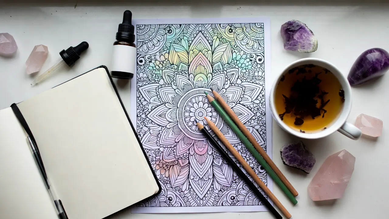A wellness flat lay showing a coloring book surrounded by a journal, essential oils, tea, and crystals