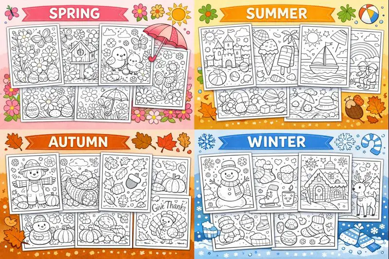 Seasonal coloring pages arranged to show spring, summer, autumn, and winter themes. Relaxing spring coloring pages